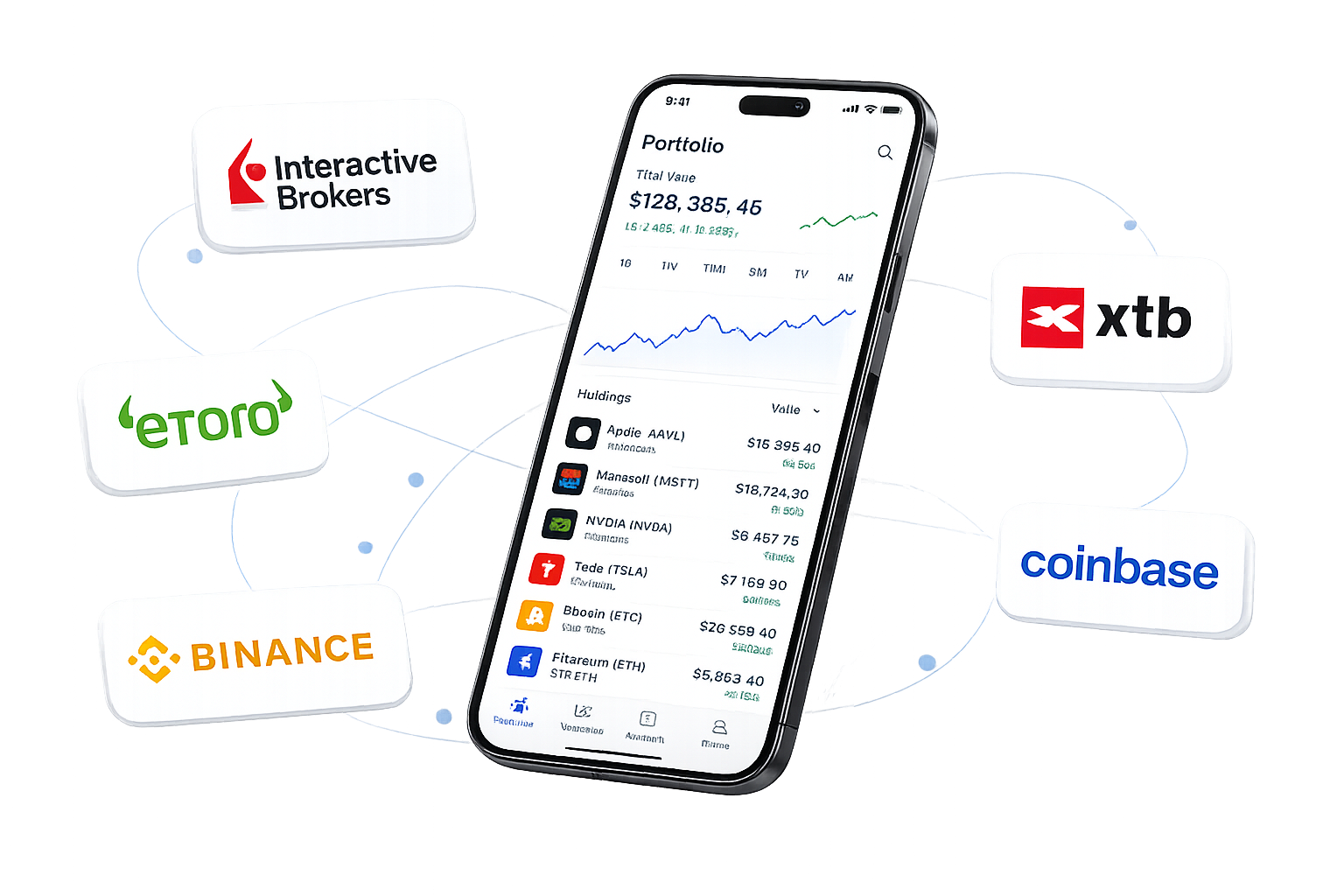 Mobilní portfolio s logy Interactive Brokers, XTB, eToro, Binance a Coinbase