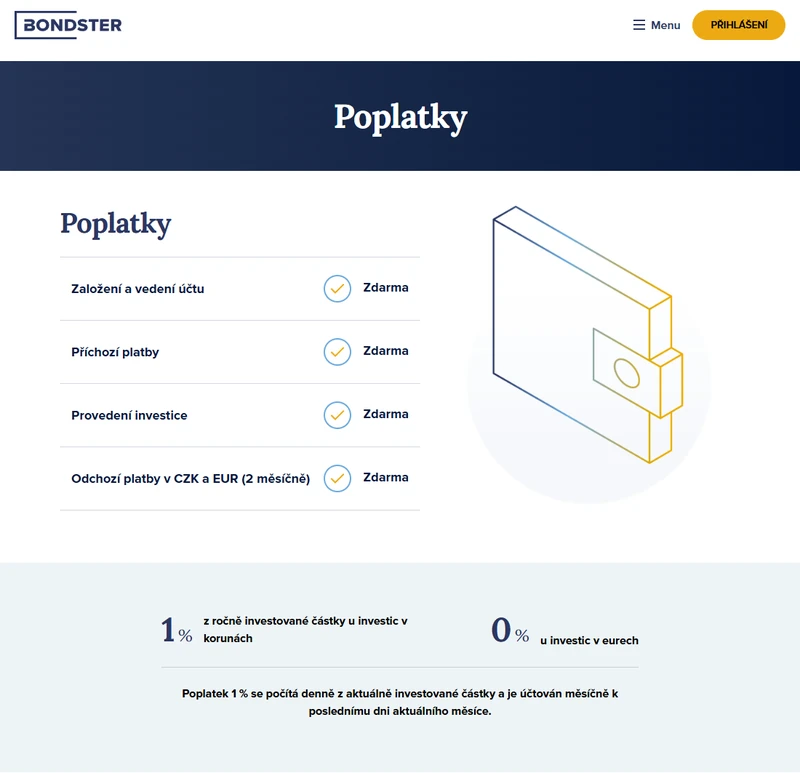 Veřejný ceník Bondsteru: založení účtu, příchozí platby a investice zdarma; správa korunových investic 1 % ročně a eurových 0 %.