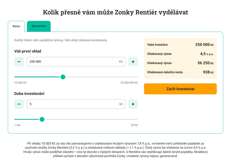 Kalkulačka Zonky Rentiér v režimu renta při výchozím vkladu 250 000 Kč a době pět let, s očekávaným výnosem a vysvětlením hrubého výnosu 7,8 %, nákladu služby 2,2 % a rizikového nákladu přibližně 1,1 %.