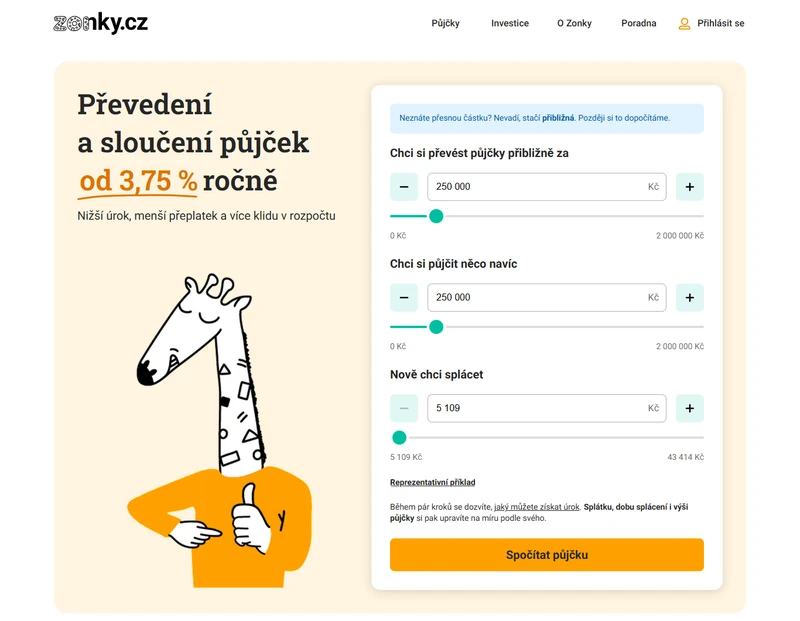 Aktuální veřejná kalkulačka spojení půjček Zonky s oddělenou částkou peněz navíc.