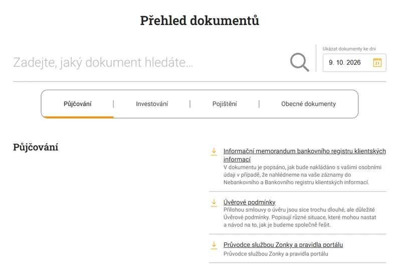 Aktuální veřejný přehled dokumentů Zonky s úvěrovými podmínkami a průvodcem službou.