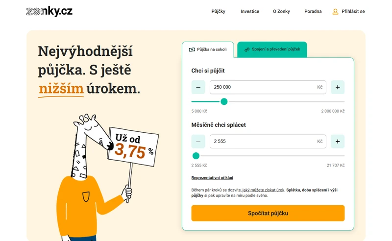 Aktuální veřejná kalkulačka Zonky s volbou částky a měsíční splátky.
