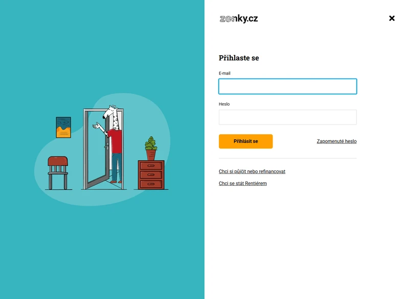 Aktuální veřejná přihlašovací obrazovka Zonky před vyplněním klientských údajů.