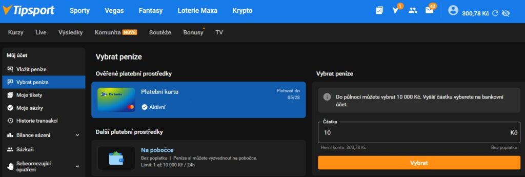 Jak vybrat peníze z Tipsportu - Platební karta Jak vybrat peníze z Tipsportu - Platební karta