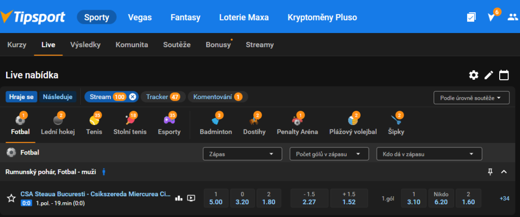 Nabídka Tipsport Live s filtrem Stream na počítači