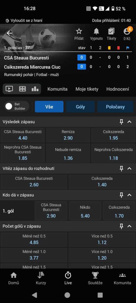 Detail živého zápasu a kurzová nabídka v mobilní aplikaci Tipsport