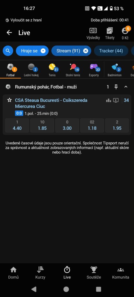 Filtr Stream v mobilní aplikaci Tipsport pro Android