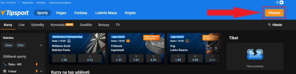 Tipsport přihlášení - úvodní stránka Tipsport přihlášení - úvodní stránka