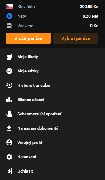 Tlačítko Vybrat peníze v uživatelském menu Tipsportu