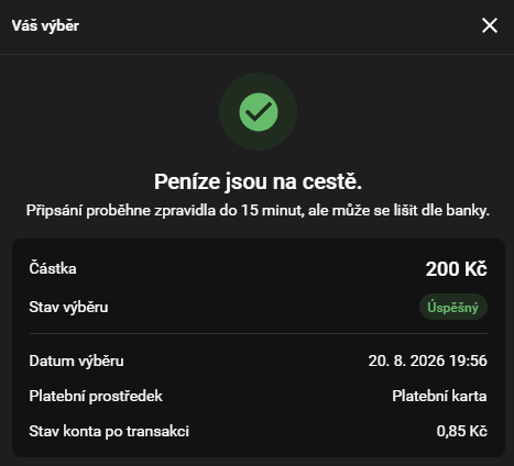 Úspěšný výběr 200 Kč z Tipsportu na platební kartu v testu Moneyo