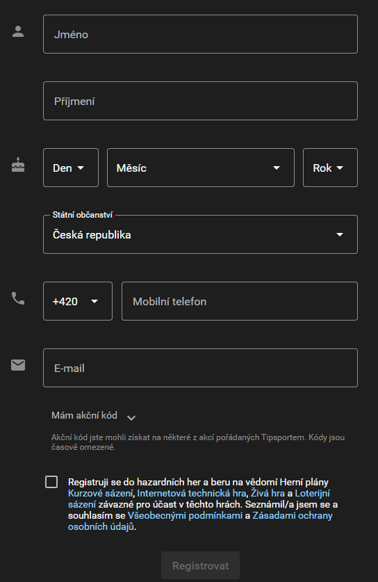 Registrační formulář Tipsportu s osobními údaji a volitelným polem pro akční kód