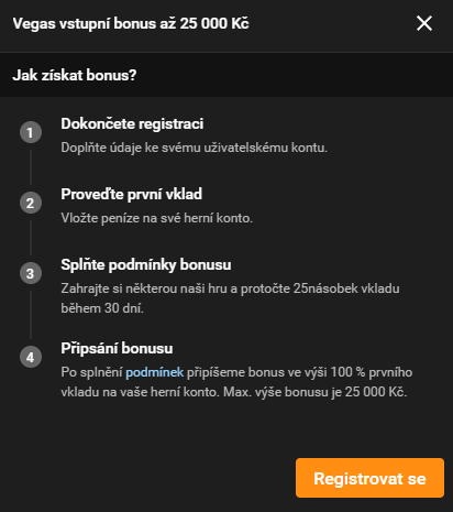 Podmínky Vegas vstupního bonusu Tipsport až 25 000 Kč