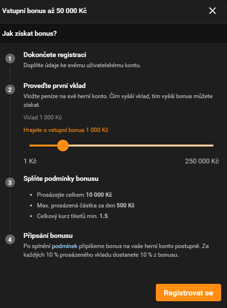 Podmínky vstupního bonusu Tipsportu při prvním vkladu 1 000 Kč