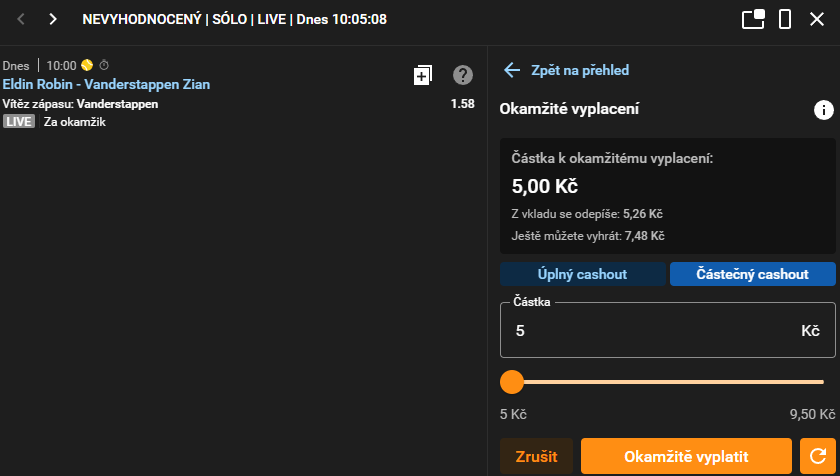 Nastavení částky částečného Cashoutu Tipsport