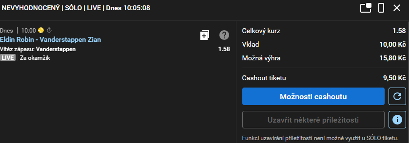 Nabídka Cashoutu u aktivního LIVE sólo tiketu Tipsport