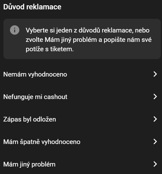 Důvody reklamace tiketu v rozhraní Tipsport