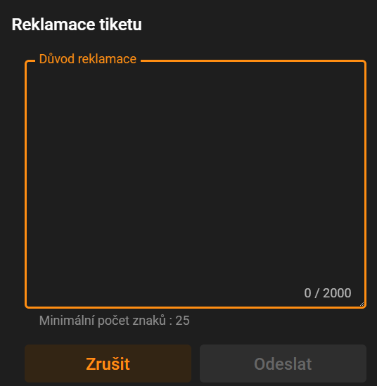 Formulář reklamace tiketu Tipsport s limitem 25 až 2000 znaků