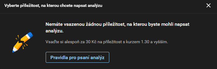 Hláška Tipsportu o nutnosti vsadit alespoň 30 Kč při kurzu 1,30 pro napsání analýzy