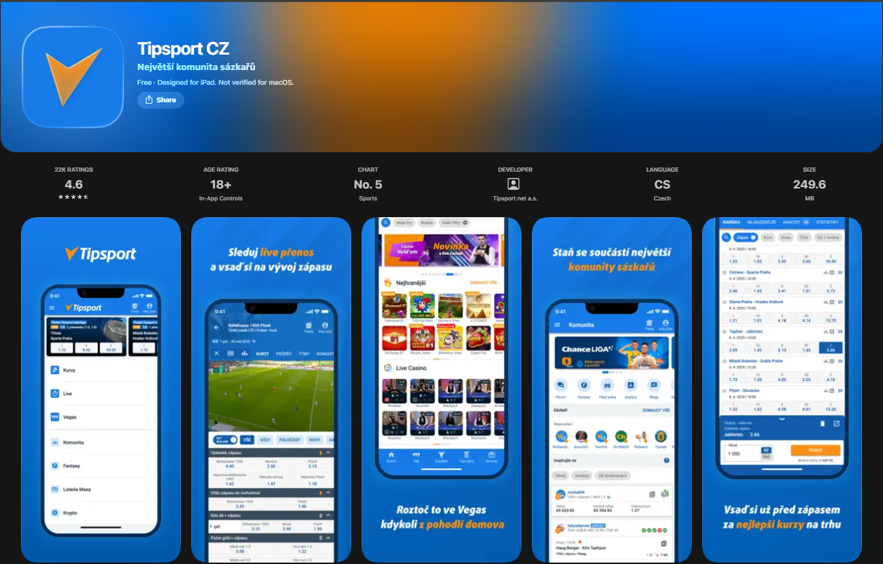 Karta aplikace Tipsport CZ v Apple App Storu s hodnocením 18+, vývojářem a ukázkami funkcí