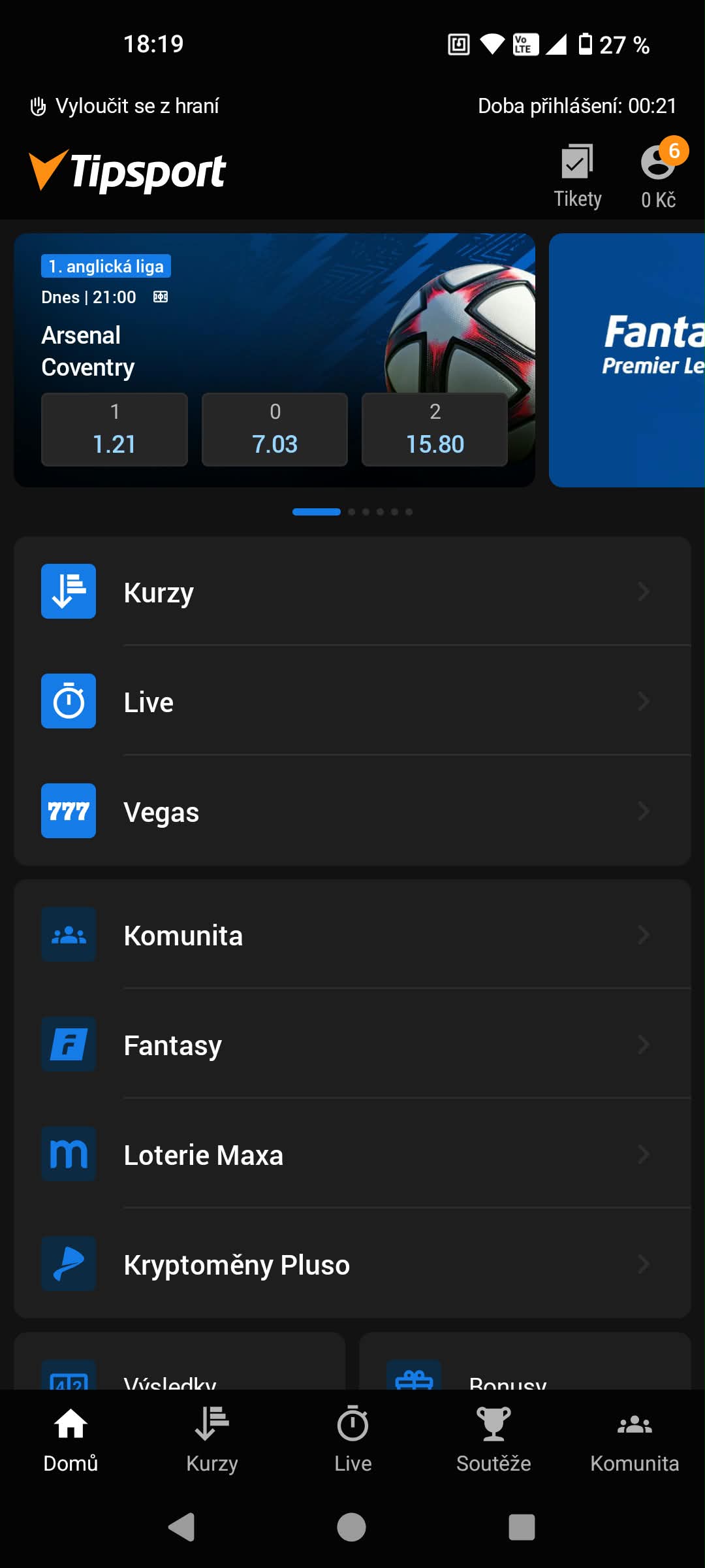Domovská obrazovka aplikace Tipsport pro Android s nabídkou Kurzy, Live, Vegas a Komunita