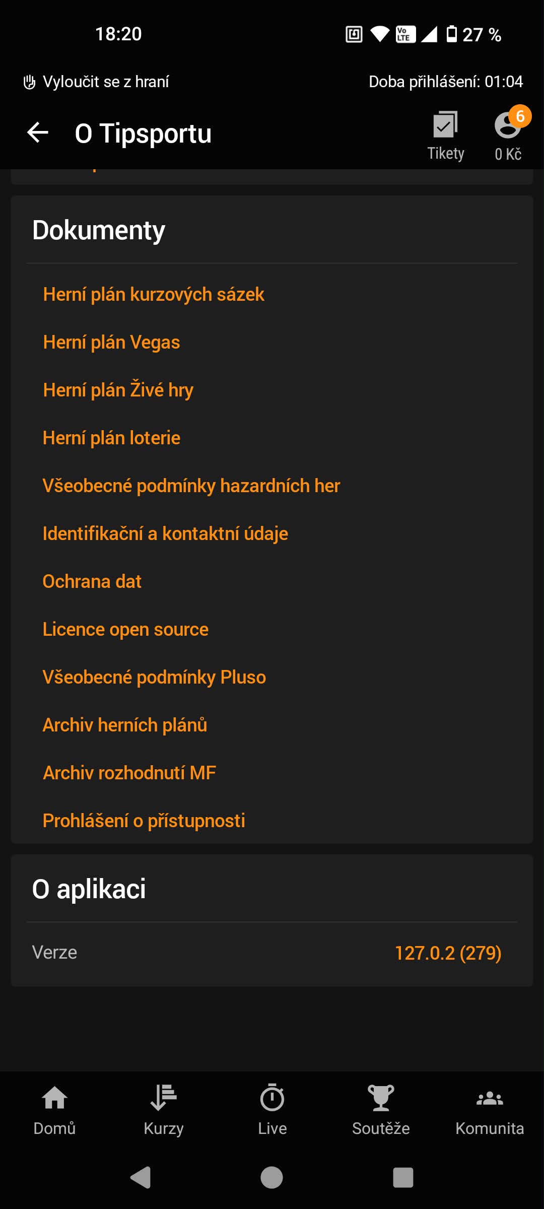 Obrazovka O aplikaci Tipsport pro Android s verzí 127.0.2 (279)