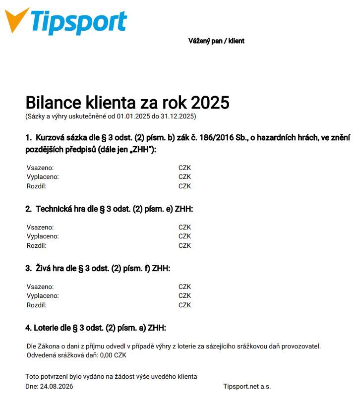 Anonymizovaná bilance klienta Tipsport za rok 2025 pro daňové účely