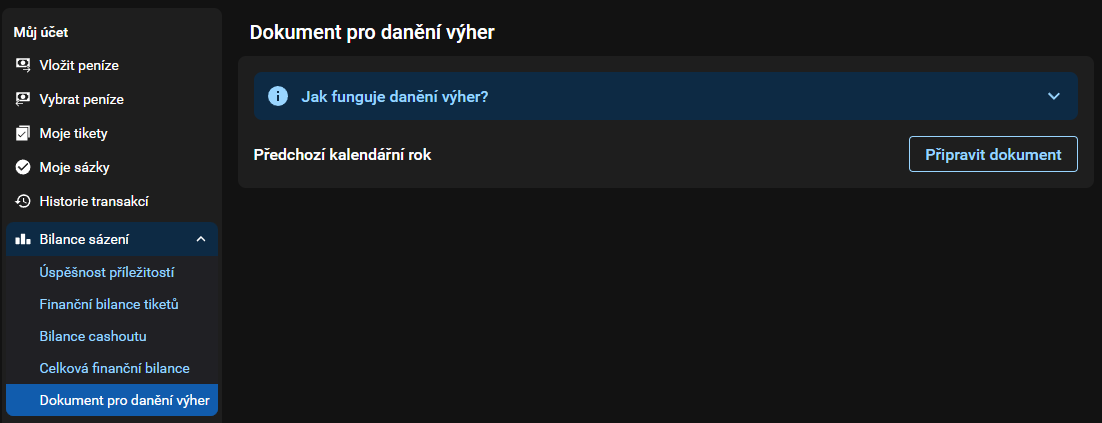 Cesta k dokumentu pro danění výher v účtu Tipsport