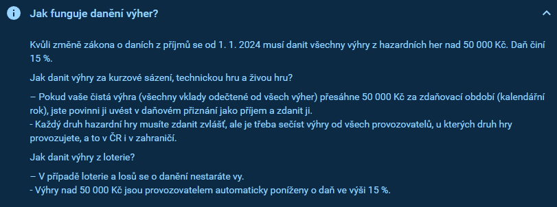 Vysvětlení danění výher zobrazené v účtu Tipsport v roce 2026