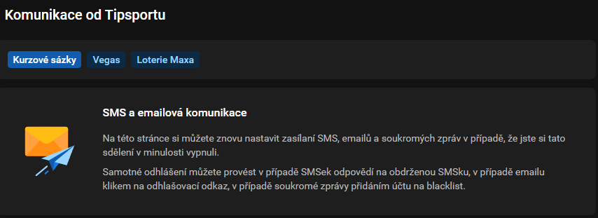 Nastavení SMS a e-mailové komunikace v účtu Tipsport