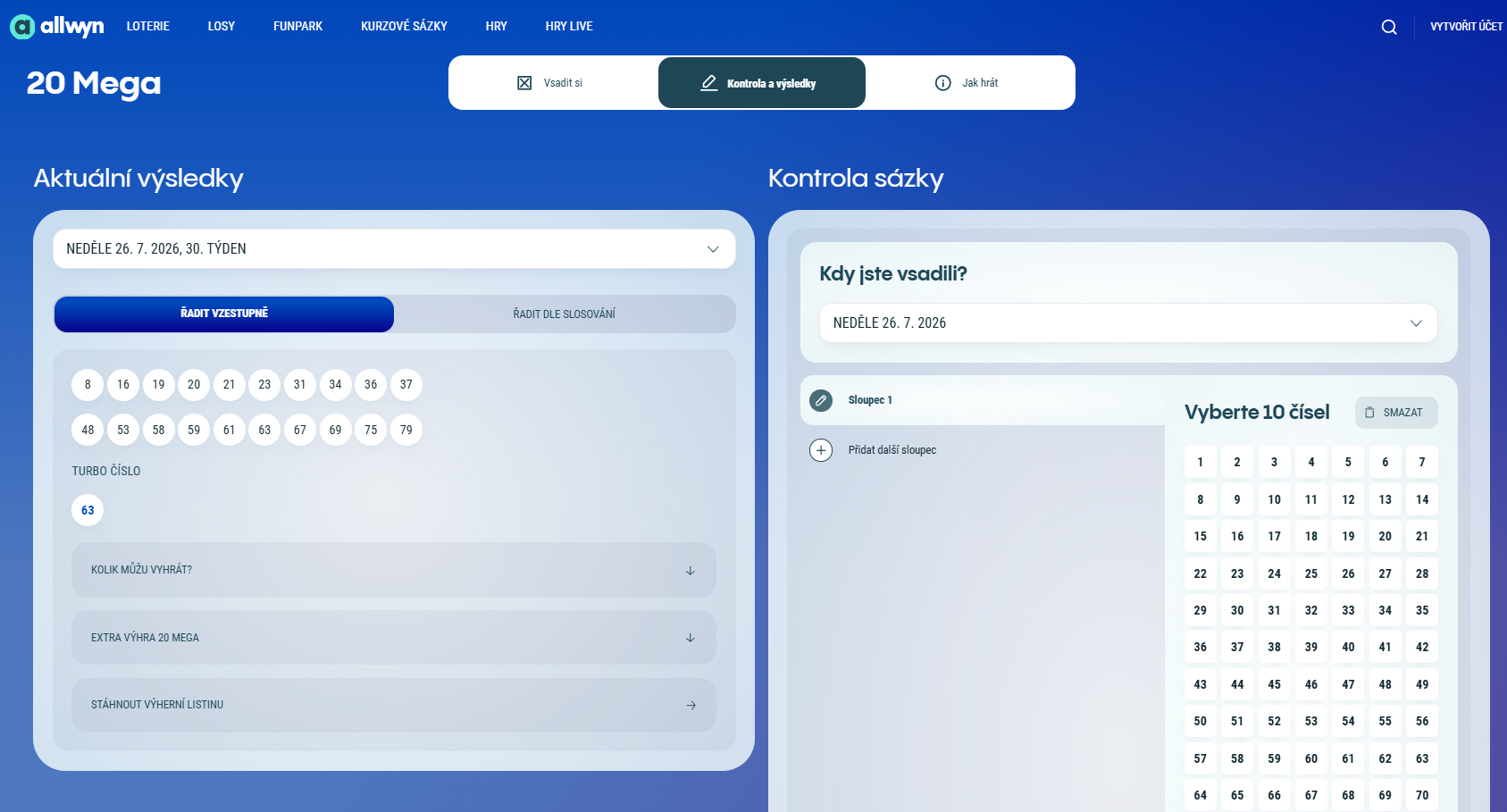Výsledky 20 Mega a oficiální kontrola sázky na Allwynu