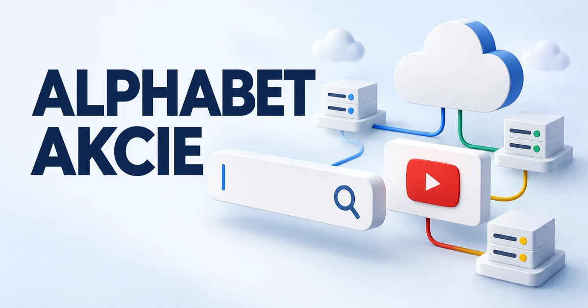 Alphabet akcie – konceptuální ilustrace vyhledávání, videa a cloudové infrastruktury