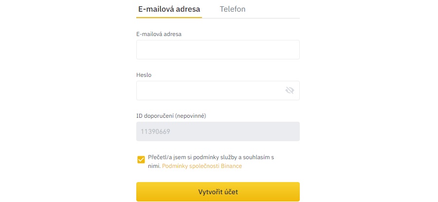 Binance registrace - úvodní formulář