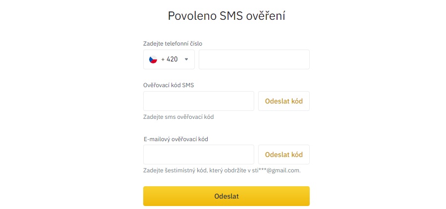 Binance - SMS ověření