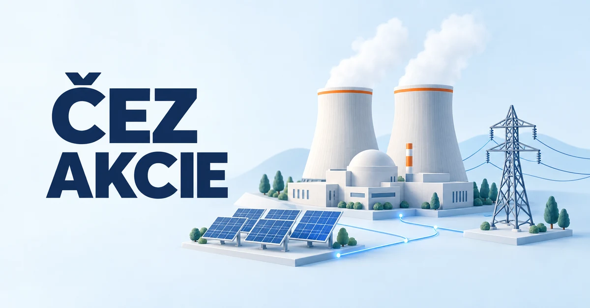 ČEZ akcie – konceptuální ilustrace jaderné elektrárny, distribuční sítě a solárních panelů
