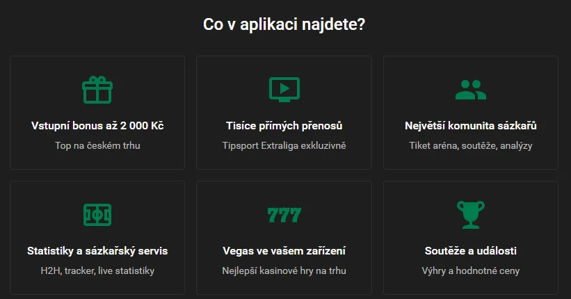 Přehled funkcí Chance aplikace: bonus, přenosy, komunita, statistiky, Vegas a soutěže