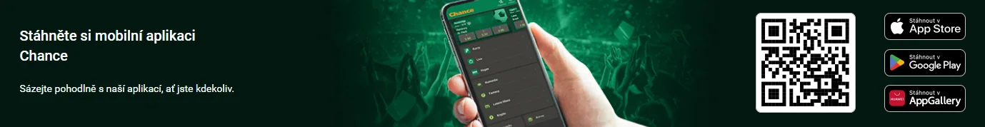 Oficiální banner Chance s QR kódem a odkazy do App Store, Google Play a AppGallery