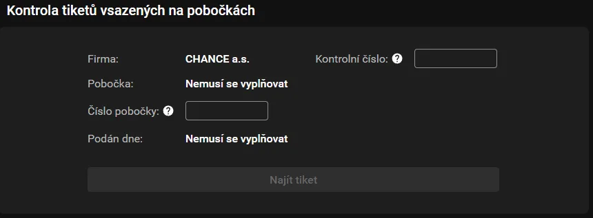 Oficiální formulář Chance pro kontrolu tiketů vsazených na pobočkách