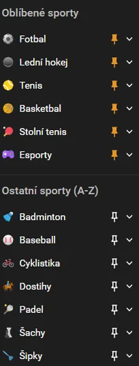 Seznam oblíbených a dalších sportů v nabídce Chance