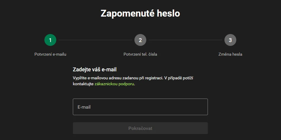 Obnova hesla Chance s kroky potvrzení e-mailu, telefonu a změny hesla