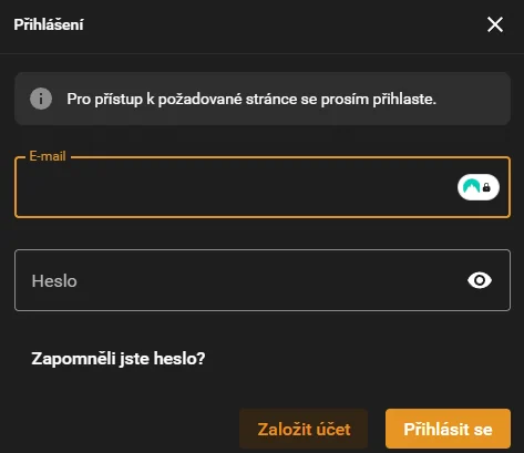 Přihlašovací okno Chance s e-mailem, heslem a obnovou hesla