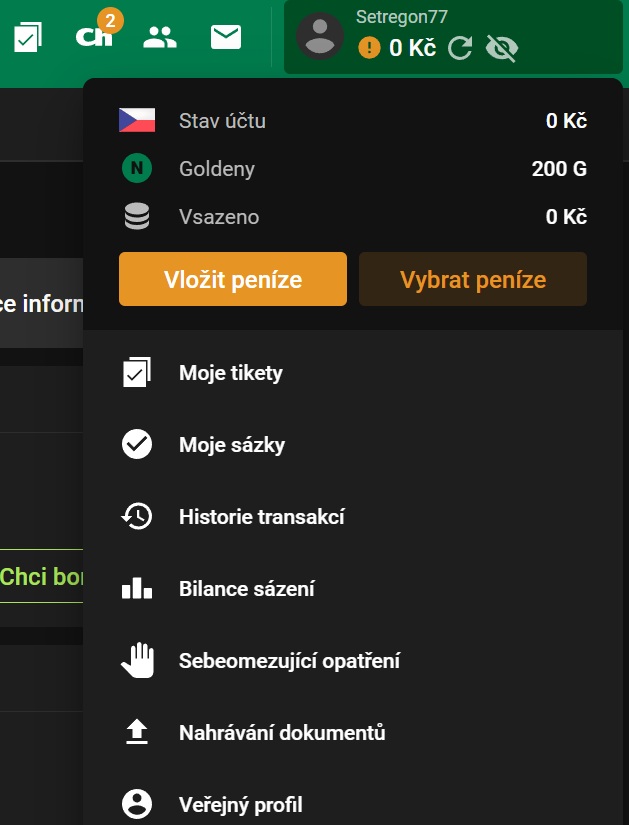 Registrační bonus Chance: 200 Goldenů v účtu Setregon77