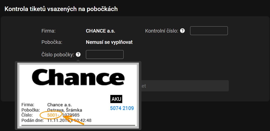 Kde najít kontrolní kód pro kontrolu tiketu Chance z pobočky – číslo pobočky 5001