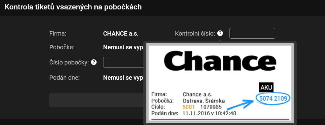 Kde najít kontrolní kód pro kontrolu tiketu Chance z pobočky – kontrolní číslo 5074 2109