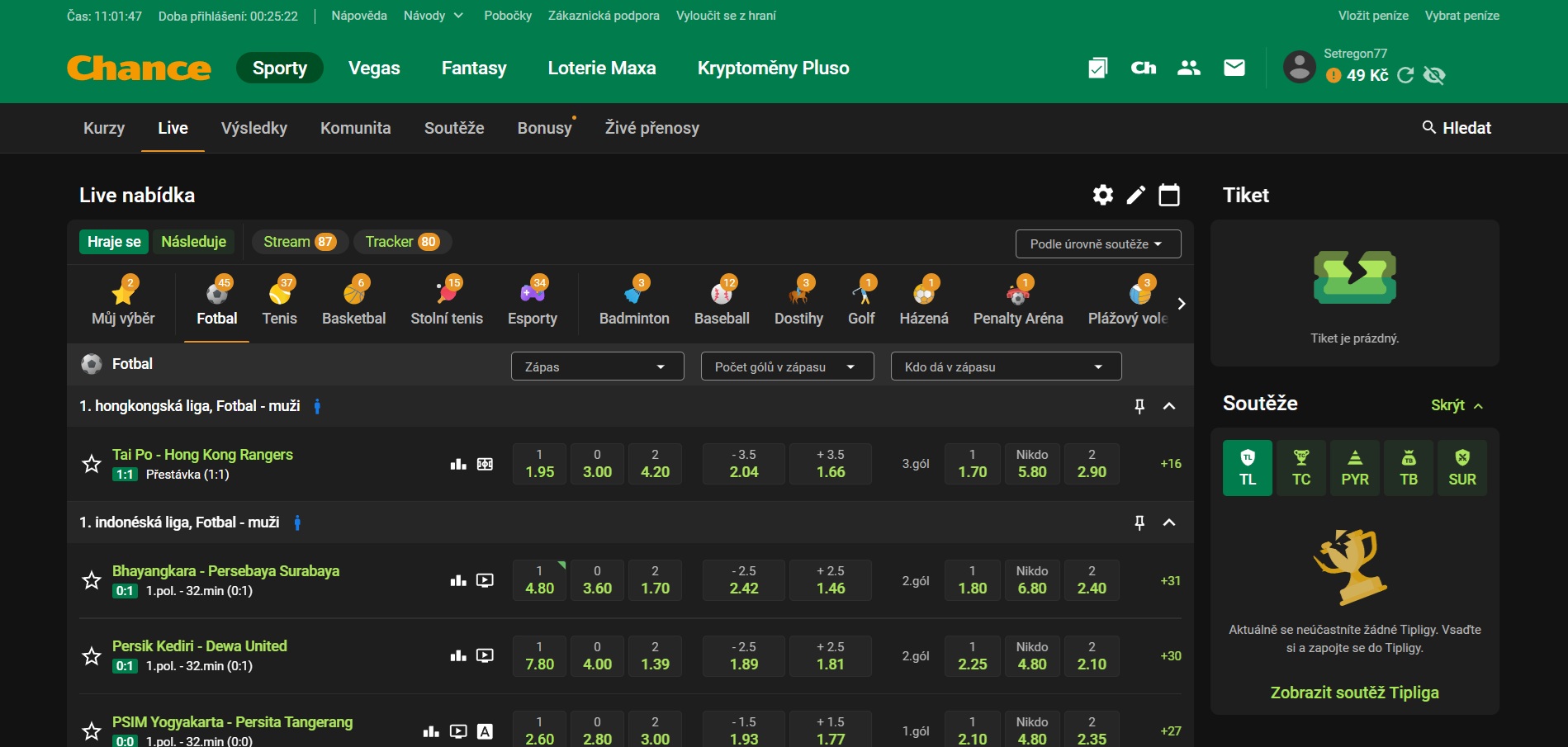Chance live sázení: sportovní nabídka, streamy a match trackery