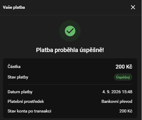 Potvrzení vkladu 200 Kč bankovním převodem do Chance