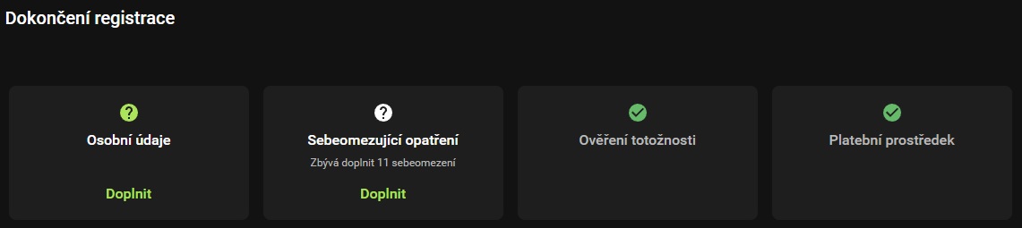 Dokončení registrace Chance: identita ověřena, osobní údaje a sebeomezení ještě chybí