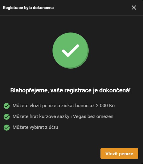 Potvrzení dokončené registrace a ověření identity u Chance
