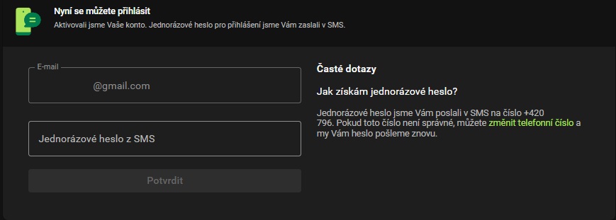 První přihlášení Chance pomocí jednorázového hesla z SMS