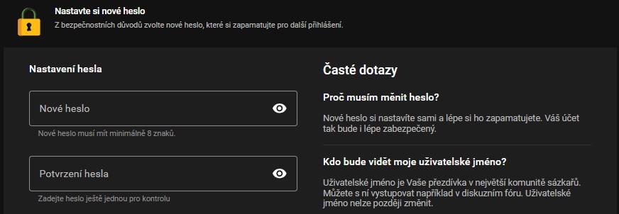 Nastavení nového hesla po registraci Chance