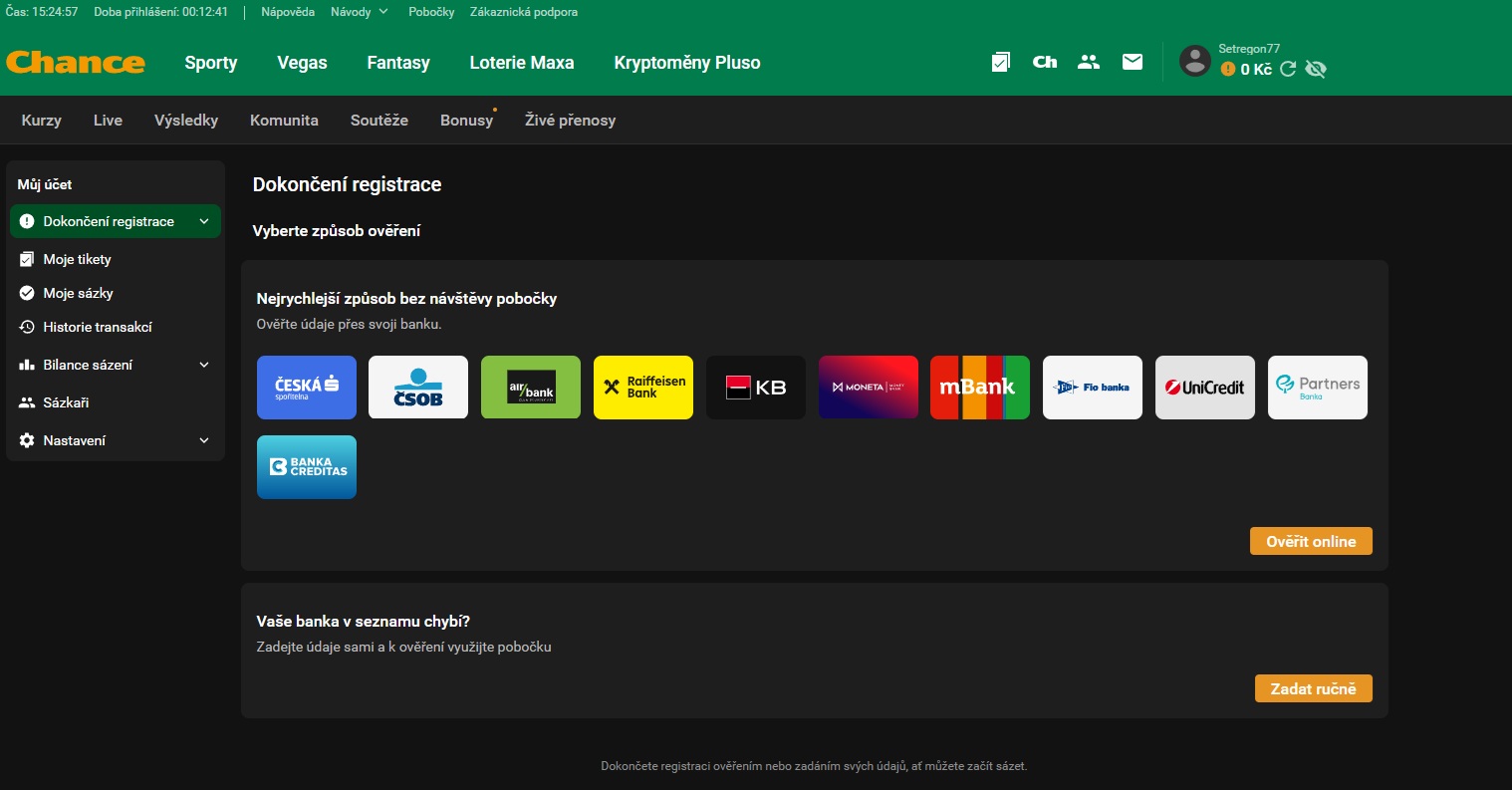 Postup registrace a ověření identity přes BankID u Chance – výběr banky